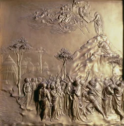 Moses empfängt die Gesetzestafeln, eines von zehn Reliefs von den Paradiespforten (Osttüren), 1425-52 (vergoldete Bronze)